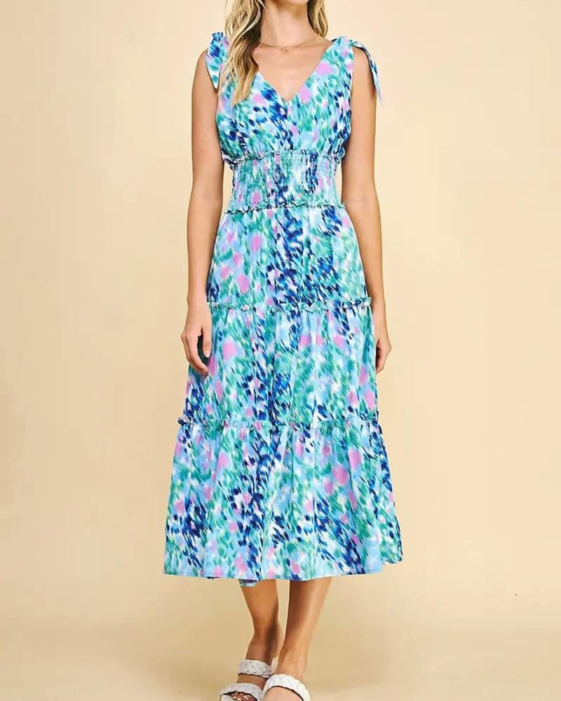 Front of a model wearing a size LARGE Ariel Midi Dress in Watercolor in Watercolor by PINCH. | dia_product_style_image_id:339399
